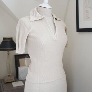 H by Halston Beige Ribbed V-Neck Collared Knit Sweater Shirt Size Small